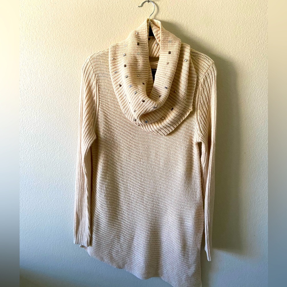 Convertible Knit Tunic Sweater with Removable Cowl Silver Metal Neck